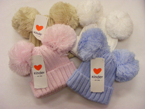 KH040 KINDER RIBBED KNITTED HAT - 2 ACRYLIC POMS - SINGLES