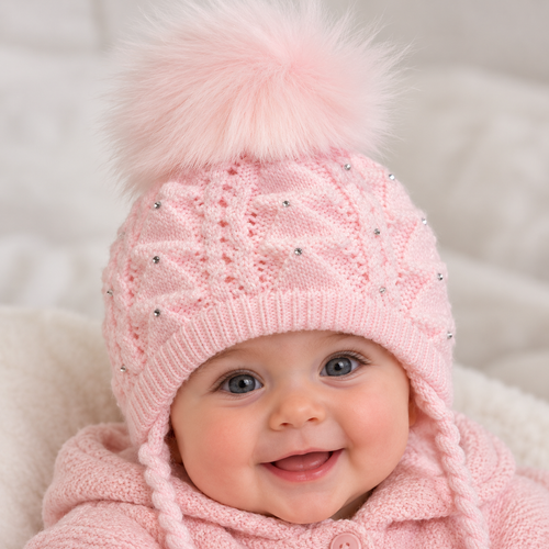 KH4C KINDER DIAMOND KNIT DIAMANTE FUR POM HAT