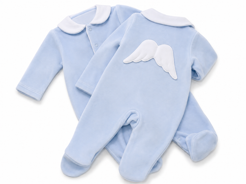 KINDER BOUTIQUE VELOUR LITTLE CHERUB  SLEEPSUIT - BLUE (6) 1214