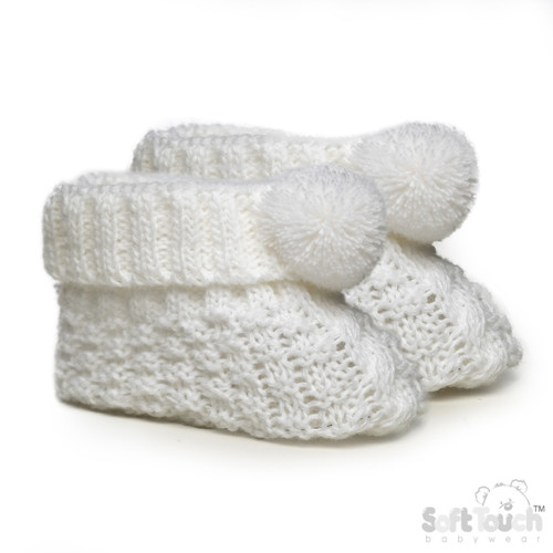 S443-W SOFT TOUCH CABLE KNIT KNITTED BOOTEE with POMPOM - WHITE