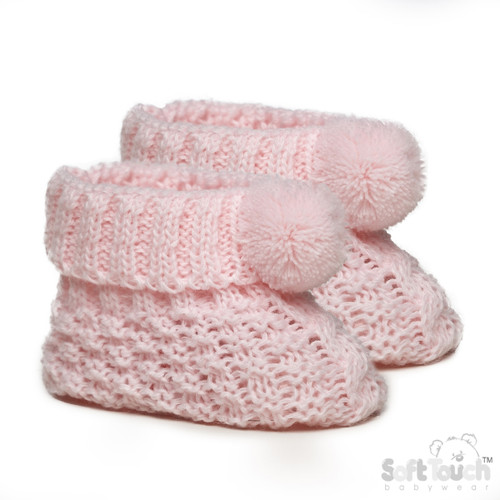 S443-P SOFT TOUCH CABLE KNIT KNITTED BOOTEE with POMPOM - PINK