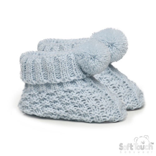 S443-B SOFT TOUCH CABLE KNIT KNITTED BOOTEE with POMPOM - BLUE