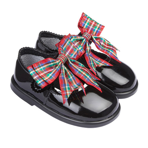 SPECIAL H975 EARLY DAYS RED TARTAN BOW HARD SOLED SHOE - BLACK/RED
