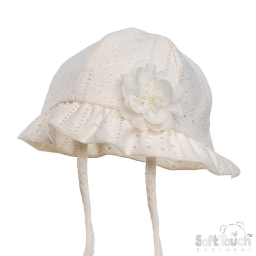 H80-C Soft Touch Broderie Anglaise Hat with Flower - Cream