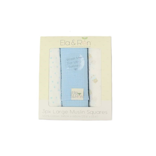 E13414 Ela & Ren Boxed 3 Pack Muslin Squares - Teddy & Moon