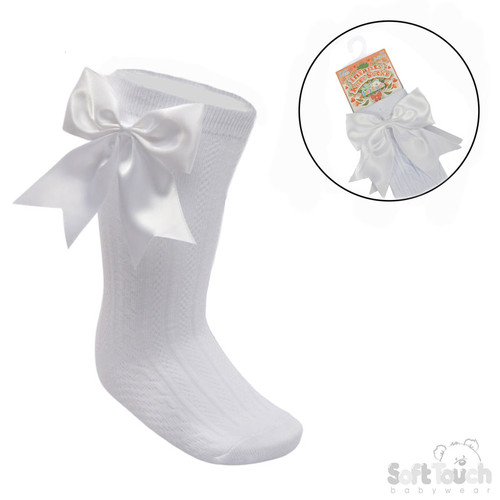 S350-W Soft Touch "Elegance" Knee Length Socks with Satin Bow -- White