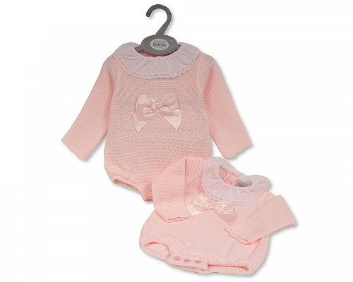 Nursery Time Baby Girls Knitted Romper with Bow and Lace