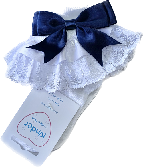 8556 KINDER COLLECTION RIBBON & LACE DOUBLE BOW SOCK NAVY