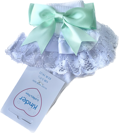 8556 KINDER COLLECTION RIBBON & LACE DOUBLE BOW SOCK MINT