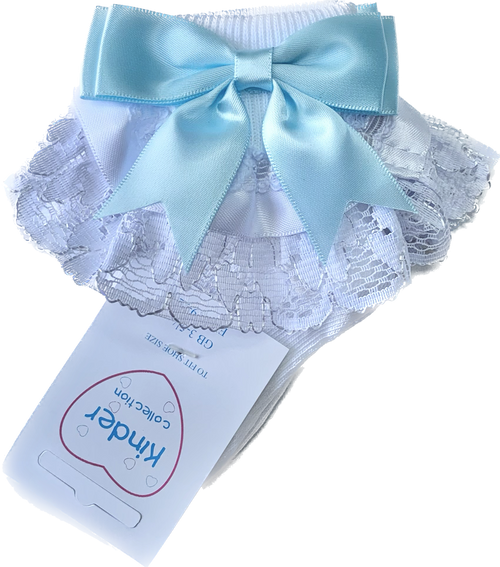 8556 KINDER COLLECTION RIBBON & LACE DOUBLE BOW SOCK BLUE