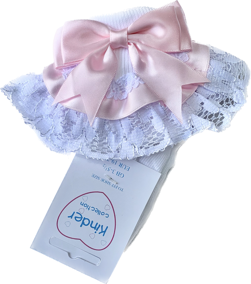 8556 KINDER COLLECTION RIBBON & LACE DOUBLE BOW SOCK PINK