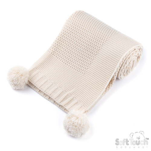 ABP712-BCOD Soft Touch ELEGANCE RIBBED WRAP/BLANKET WITH POM POMS - BEIGE