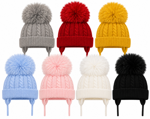 KINDER CABLE KNIT LARGE POM HAT WITH TIES KH010