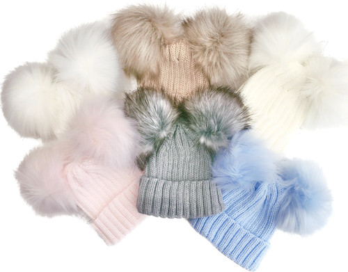 KINDER RIBBED HAT WITH 2 FAUX FUR POMS KH048 - MANY COLOURS