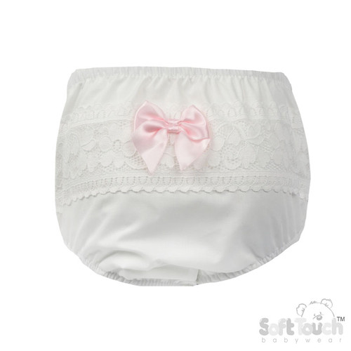Soft Touch White Floral Lace Frilly Pants with Pink Satin Bow FP30-P
