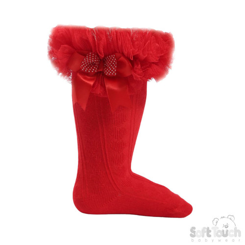 SOFT TOUCH KNEE HIGH TUTU SOCKS SPOTTY BOW RED GS218