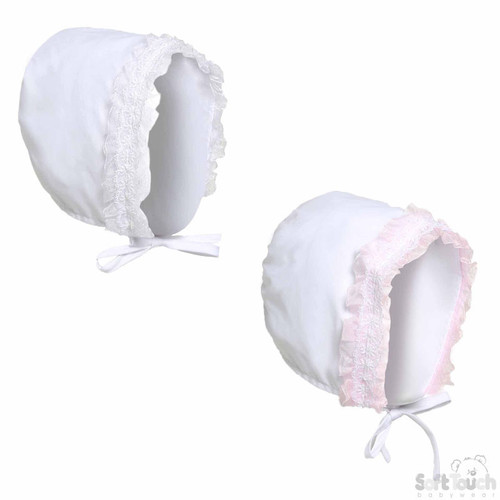 SOFT TOUCH Bonnet Hat W/Pink Or White Lace No. H34-0-6m