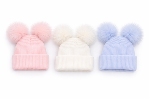 CT91 KINDER BOUTIQUE 1st SIZE SELF COLOUR RIBBED 2 FUR POM HATS - MANY COLOURS
