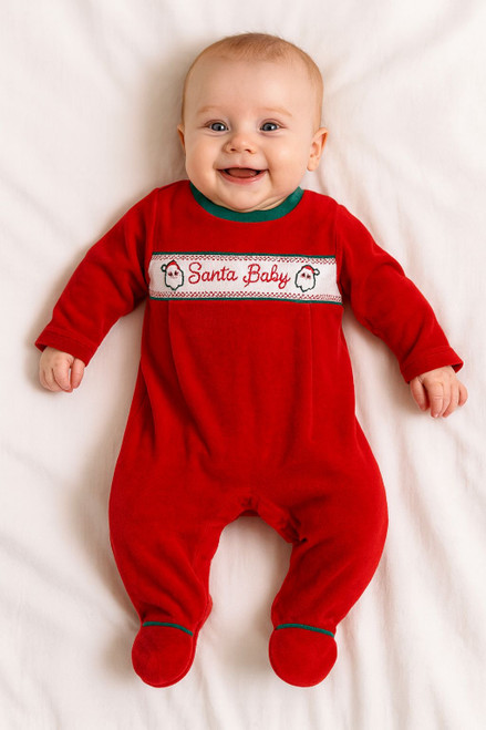 Nursery Time Baby Christmas Velour All in One with Smocking - Santa Baby!