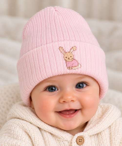 NURSERY TIME BABY HAT WITH RABBIT PINK WITH PINK EMB BW-0503-0462P