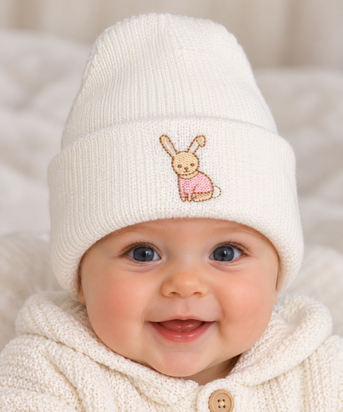 NURSERY TIME BABY HAT WITH RABBIT WHITE WITH PINK EMB BW-0503-0463WP