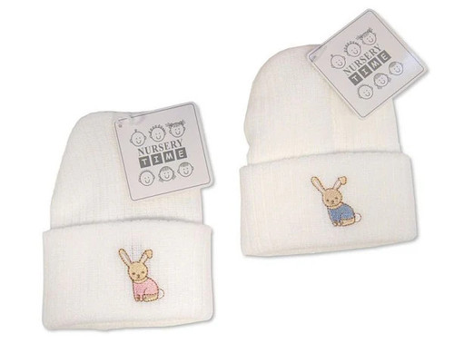 NURSERY TIME BABY HAT WITH RABBIT WHITE WITH BLUE EMB BW-0503-0463WS