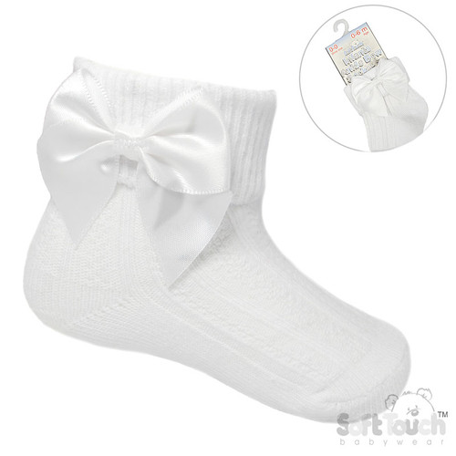 SOFT TOUCH White Ribbed Turnover Ankle Socks w/Large Bow: S123-W