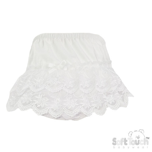 Soft Touch White Frilly Pants w/White Floral Lace & Bow No. FP28-W