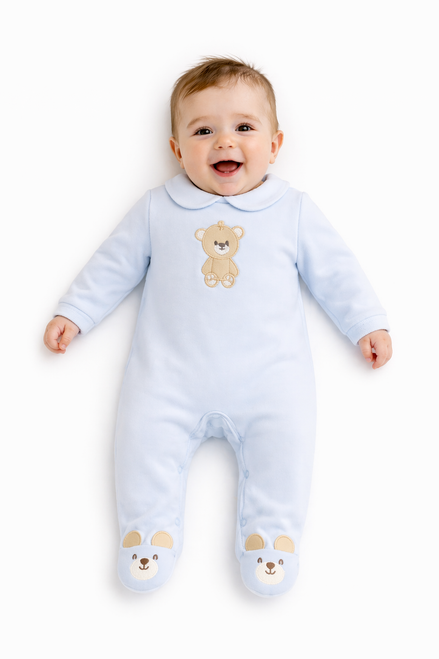 Kinder Boutique Blue Babygrow With Bear Applique BBKK-09