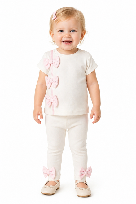 Visara Ivory/Pink Legging Set with Triple Bow Detail 8893 6-9 Mths - 18-24 Mths