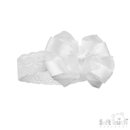 HB116 CREAM SOFT TOUCH Lace Headband w Satin/Organza Bow