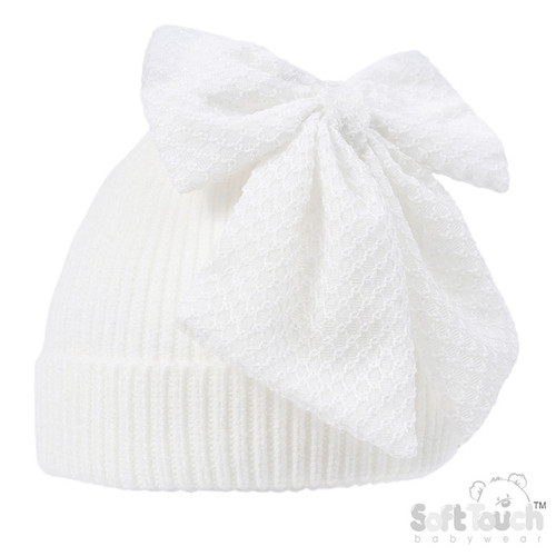 SOFT TOUCH White Chenille Ribbed Hat with/Large Turnover & Bow No. H668-W