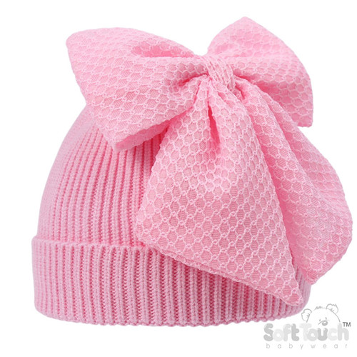 SOFT TOUCH Pink Chenille Ribbed Hat with/Large Turnover & Bow No. H668-W