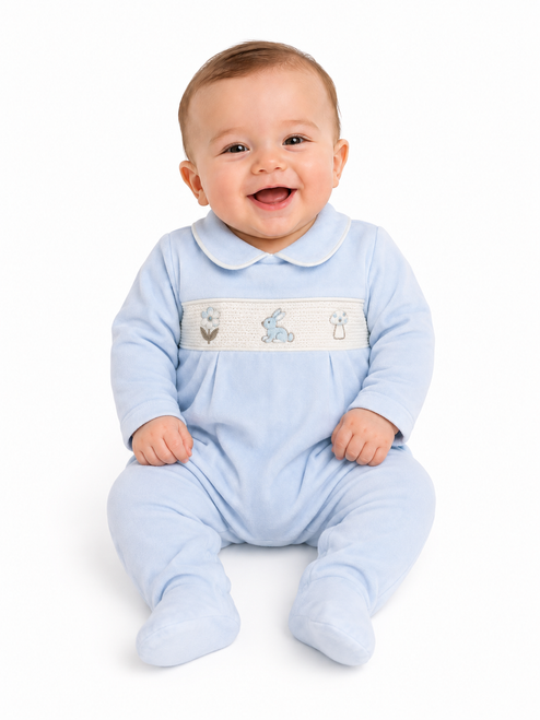 Nursery Time Baby Boys Velour All in One with Smocking - Bunny