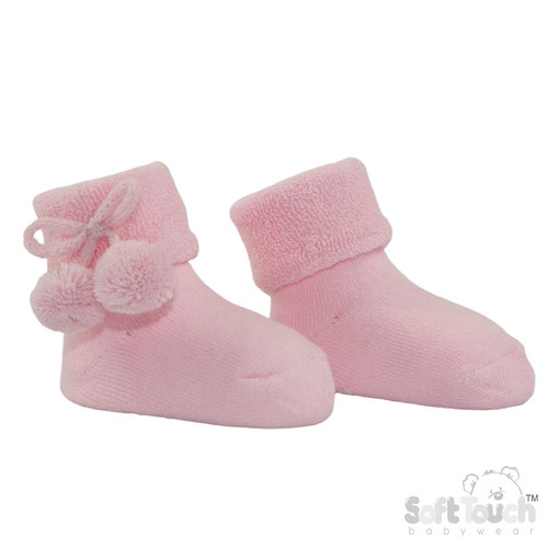 Soft Touch Pink Anti-Slip Terry Socks w/Pom Pom No. S522-P