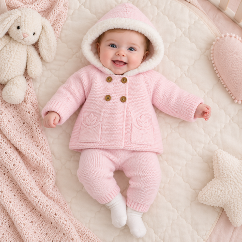 NURSERY TIME BABY KNITTED PRAM COATS WITH FUR HOOD-N/B 0/3 3/6 6/9-PINK BW-10-1254P