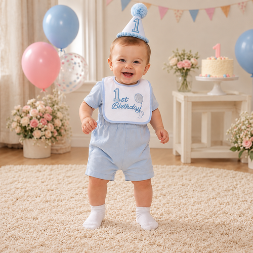 NURSERY TIME Baby First Birthday Bib and Hat Set Blue Bw-0503-0653B