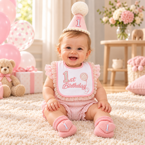 NURSERY TIME Baby First Birthday Hat and Booties Set Pink Bw-0503-0654