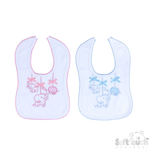 Soft Touch White Velcro Bib w/Pink or Blue Elephant Embroidery : P3615-BP
