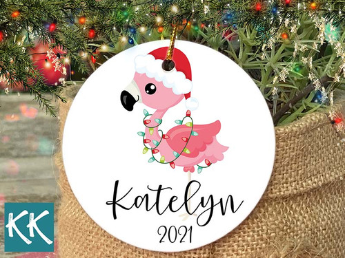 Flamingo with Christmas Lights - Personalized Ceramic Ornament