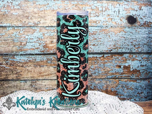 Teal and Leopard Personalized - 20oz Skinny Stainless Steel Tumbler