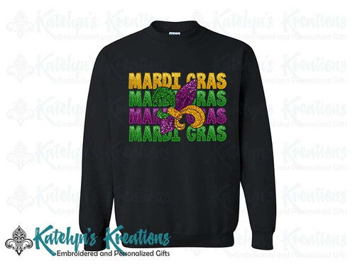 Mardi Gras Text Fleur de Lis Faux Glitter -  Adult Crewneck Sweatshirt - Black