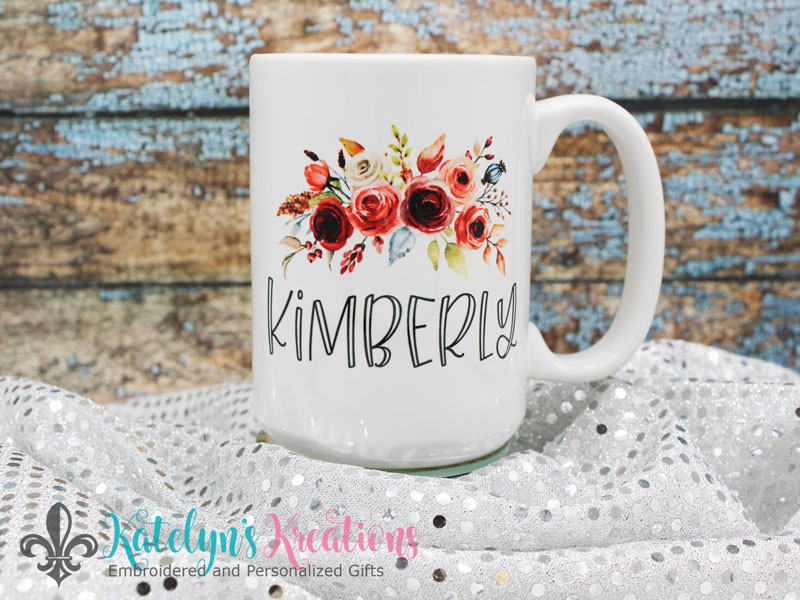 Floral Watercolor Terracotta Roses Burgundy - 15oz Ceramic Personalized Coffee Mug