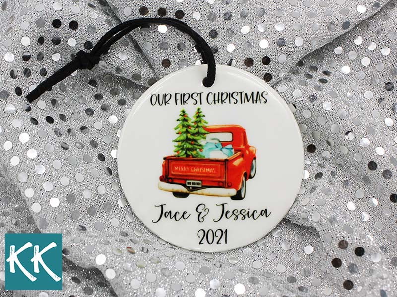 Our First Christmas Red Truck - Personalized Ceramic Ornament 3"