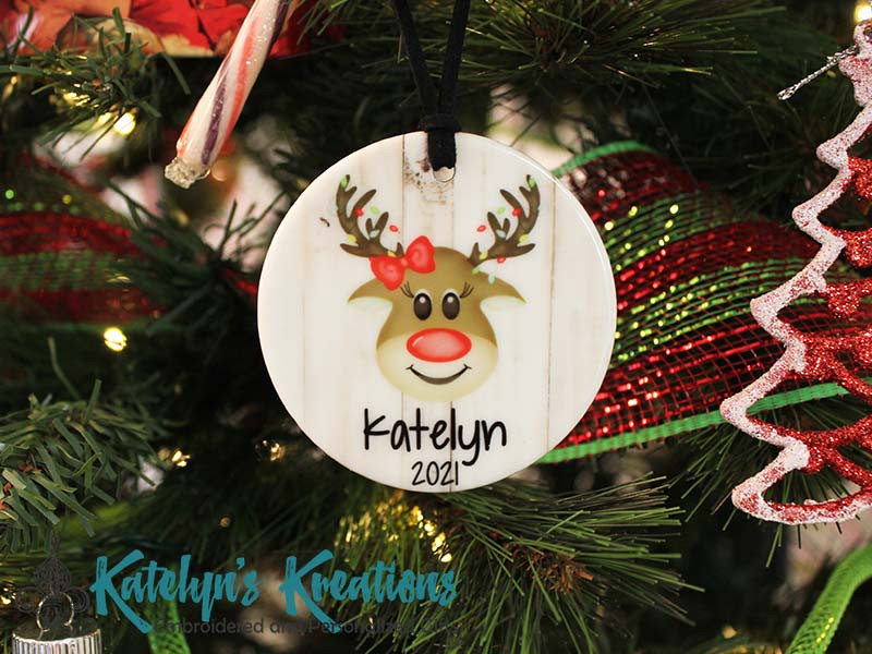 Reindeer Girl with Christmas Lights - Personalized Ceramic Ornament