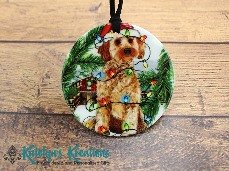 Goldendoodle with Christmas Lights - Ceramic Ornament