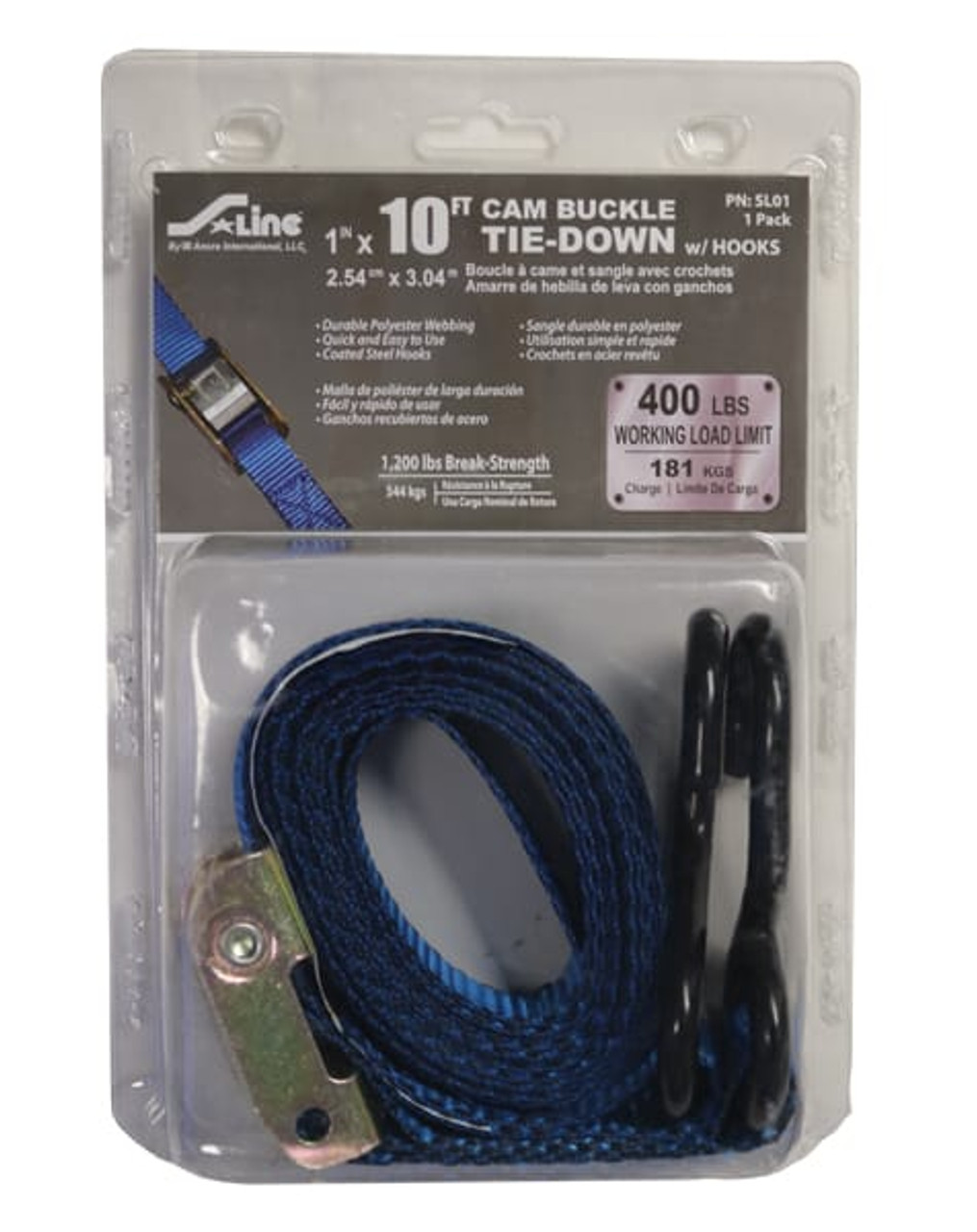 1″ x 10′ S-Hook Cam Buckle Tie-Down, Clamshell