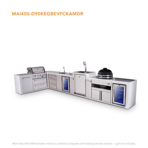 Mont Alpi 4-Burner L-Shaped Deluxe Series Outdoor Kitchen Island with Beverage Center, Kegerator, Kamado & Corner Fridge Module Plus Extra Drawer Slides Cabinet - MAi400-D90KEGBEVFCKAMDR 