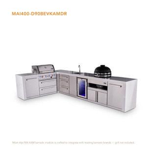 Mont Alpi 4-Burner L-Shaped Deluxe Series Outdoor Kitchen Island with Beverage Center & Kamado Plus Extra Drawer Slides - MAi400-D90BEVKAMDR 