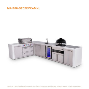 Mont Alpi 4-Burner L-Shaped Deluxe Series Outdoor Kitchen Island with Beverage Center & Kamado Module Plus Extra Storage Cabinet - MAi400-D90BEVKAMXL 